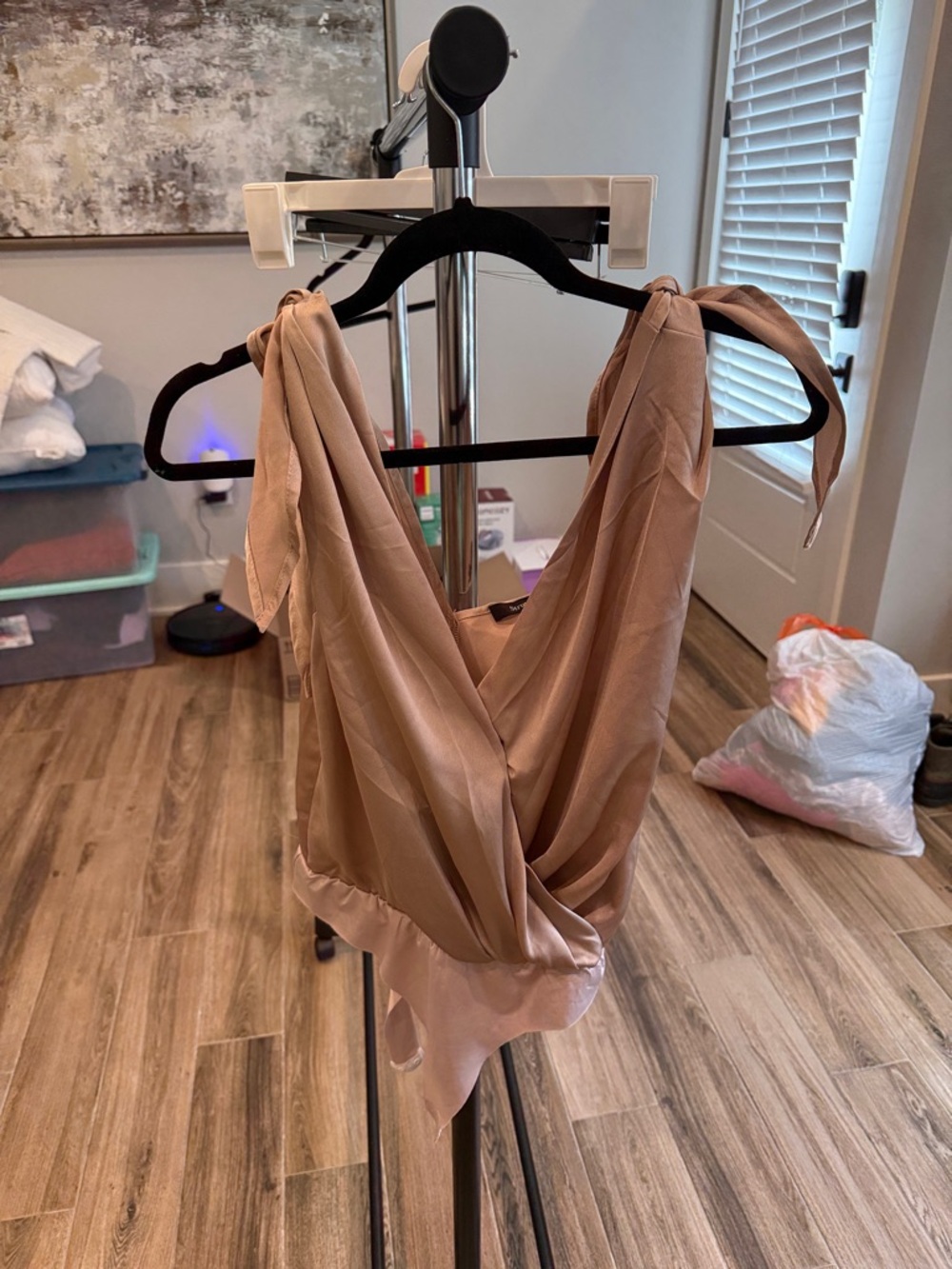 Satin Tie-Shoulder Cowl Neck Tank in Nude Blush